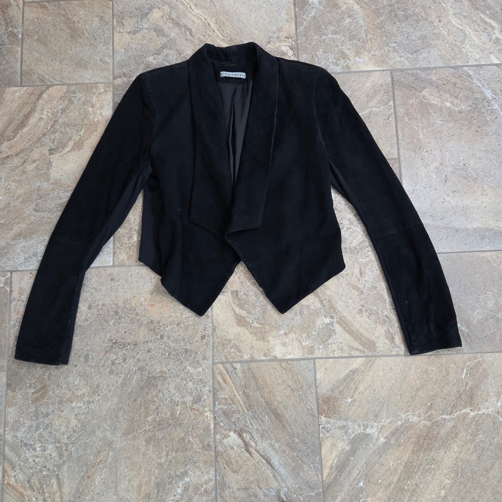 Alice + Olivia Black Goat Leather Suede Draped Open Front Cropped Jacket Small